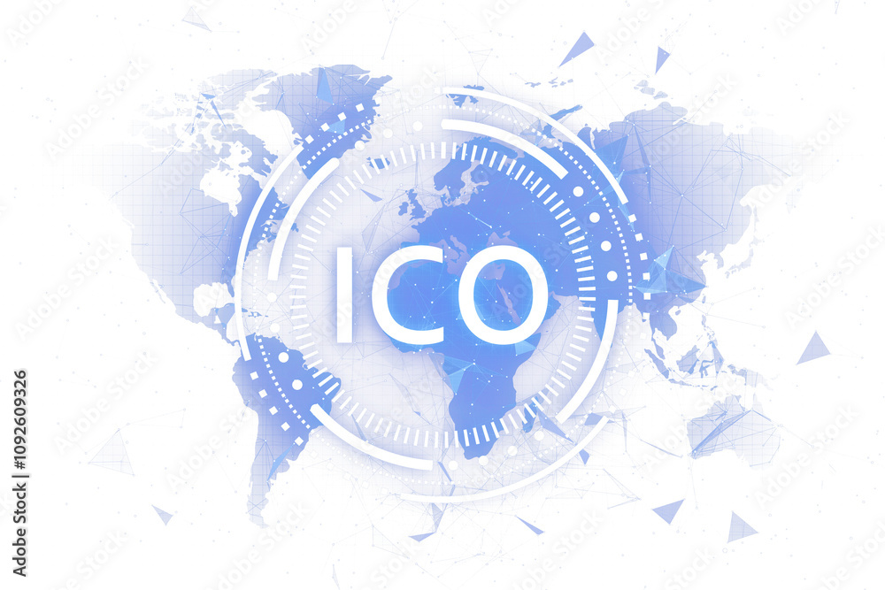 Poster digital ico text over a blue world map with geometric patterns, white background, highlighting crypt