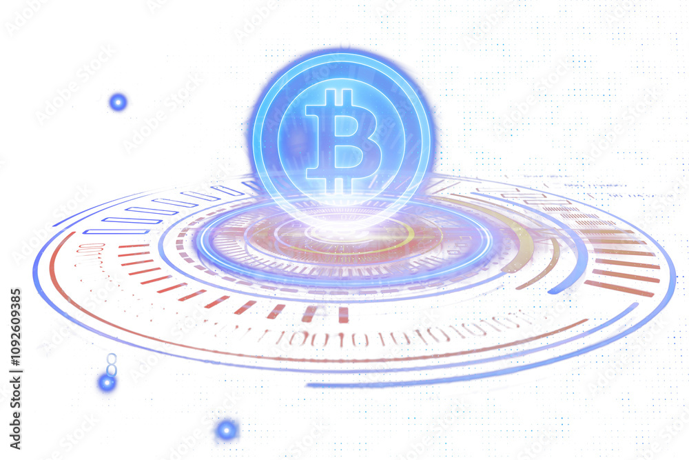 Poster Bitcoin logo in glowing hologram style above a futuristic digital platform on a clean white background. Concept of cryptocurrency and blockchain