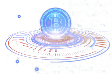 Bitcoin logo in glowing hologram style above a futuristic digital platform on a clean white background. Concept of cryptocurrency and blockchain