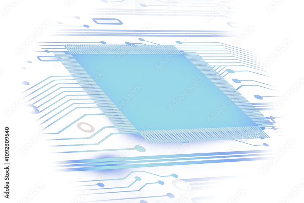 Poster Abstract microchip illustration on a white background with blue circuit board lines and soft gradients. Concept of technology and innovation