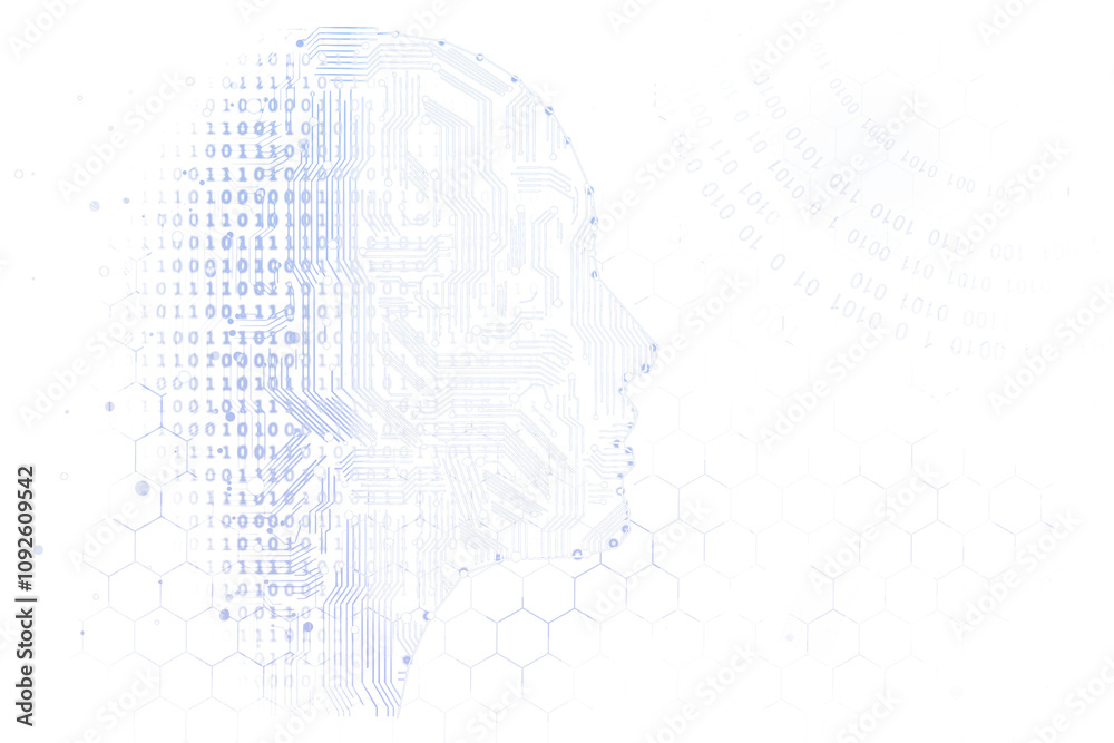 Poster Digital human head silhouette with circuit patterns and binary code overlay, hexagonal grid elements, white background, concept of technology