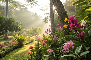 Vibrant colors of tropical flowers blooming in the undergrowth with sunlight filtering through, blossoms, sunny spot