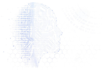 Digital human head silhouette with circuit patterns and binary code overlay, hexagonal grid elements, white background, concept of technology