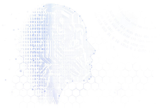 Digital human head silhouette with circuit patterns and binary code overlay, hexagonal grid elements, white background, concept of technology