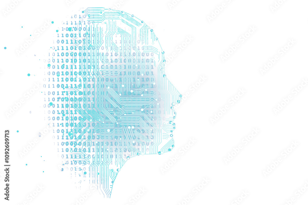 Poster Human head silhouette with digital circuits and binary code, clean design on white background, representing technology, mind, and networks
