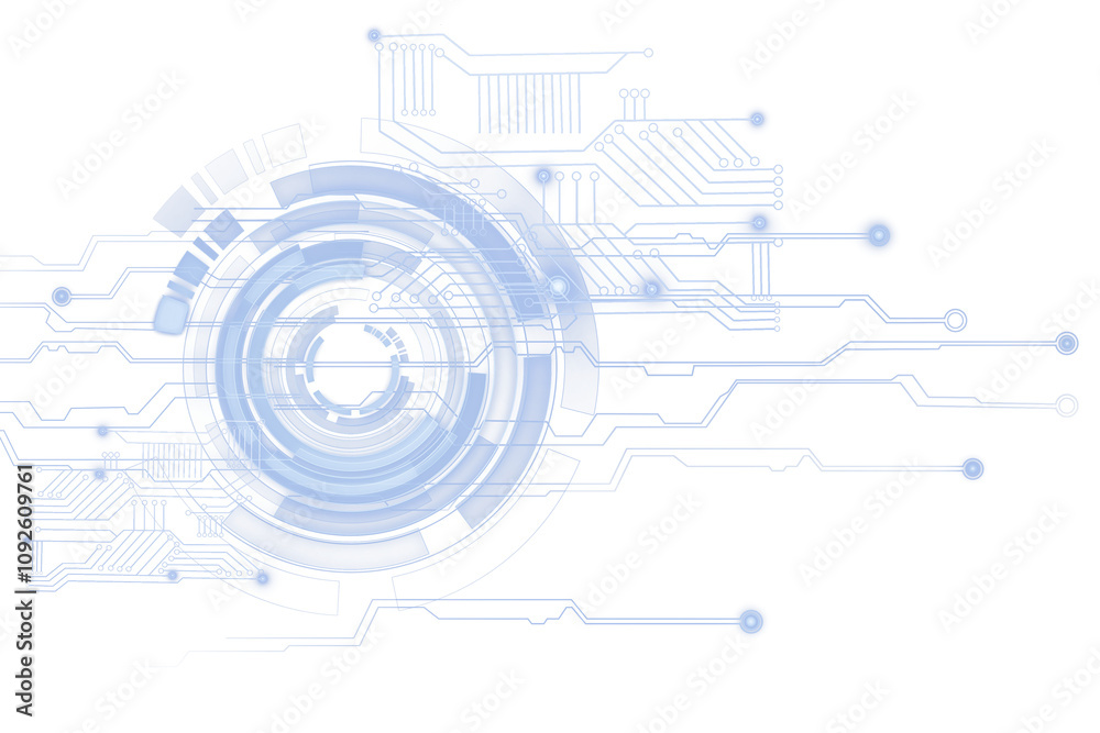 Poster Abstract futuristic tech circuit design with circular elements and blue lines on white background. Concept of data, tech, and innovation