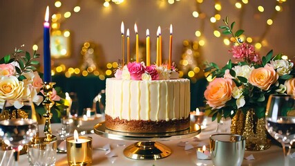 Festive celebration scene with a lit birthday cake, confetti, and party decor