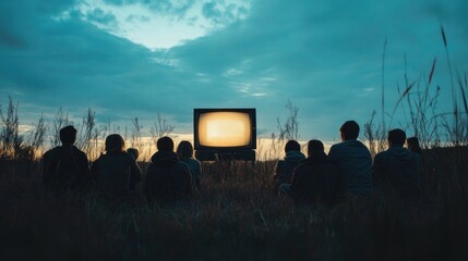 A group of people watch an old television in a field at sunset.