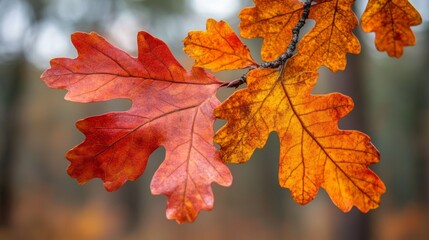 Closeup of Oak Leaves Changing Color in Autumn