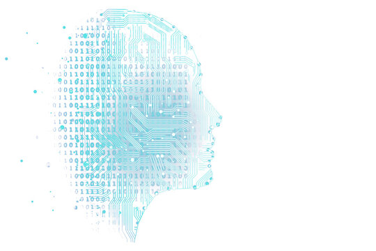Human head silhouette with digital circuits and binary code, clean design on white background, representing technology, mind, and networks