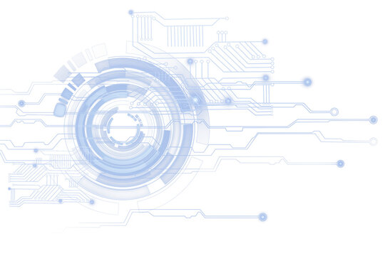 Abstract futuristic tech circuit design with circular elements and blue lines on white background. Concept of data, tech, and innovation