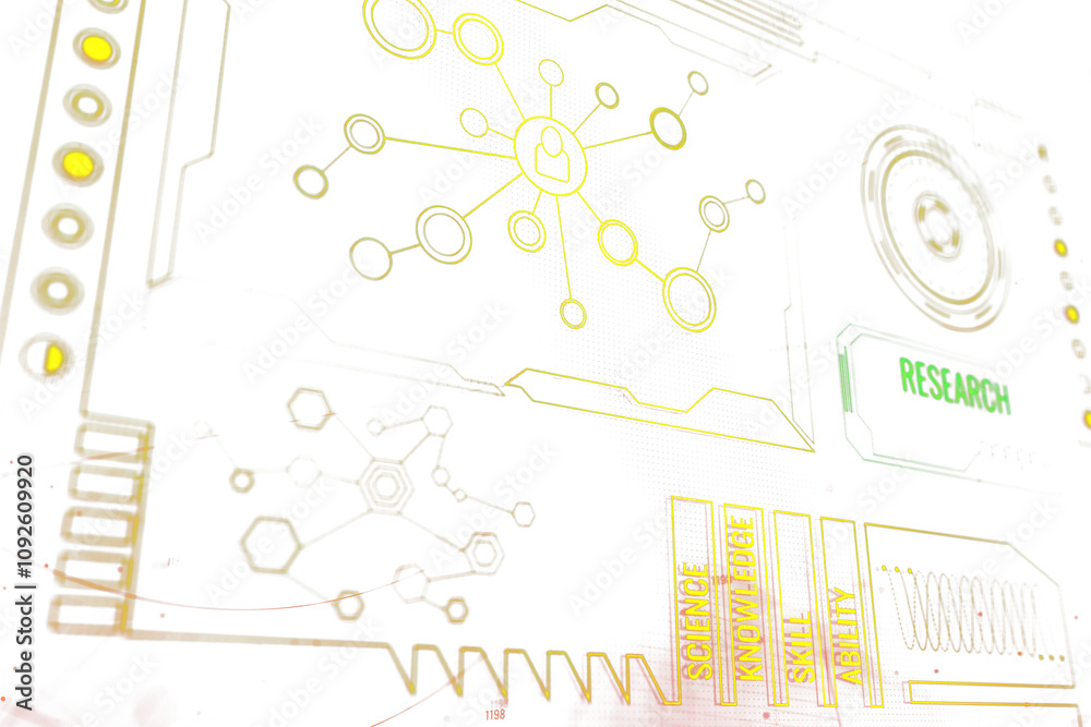 Poster digital interface with science-related icons, research labels, and network connections in yellow and