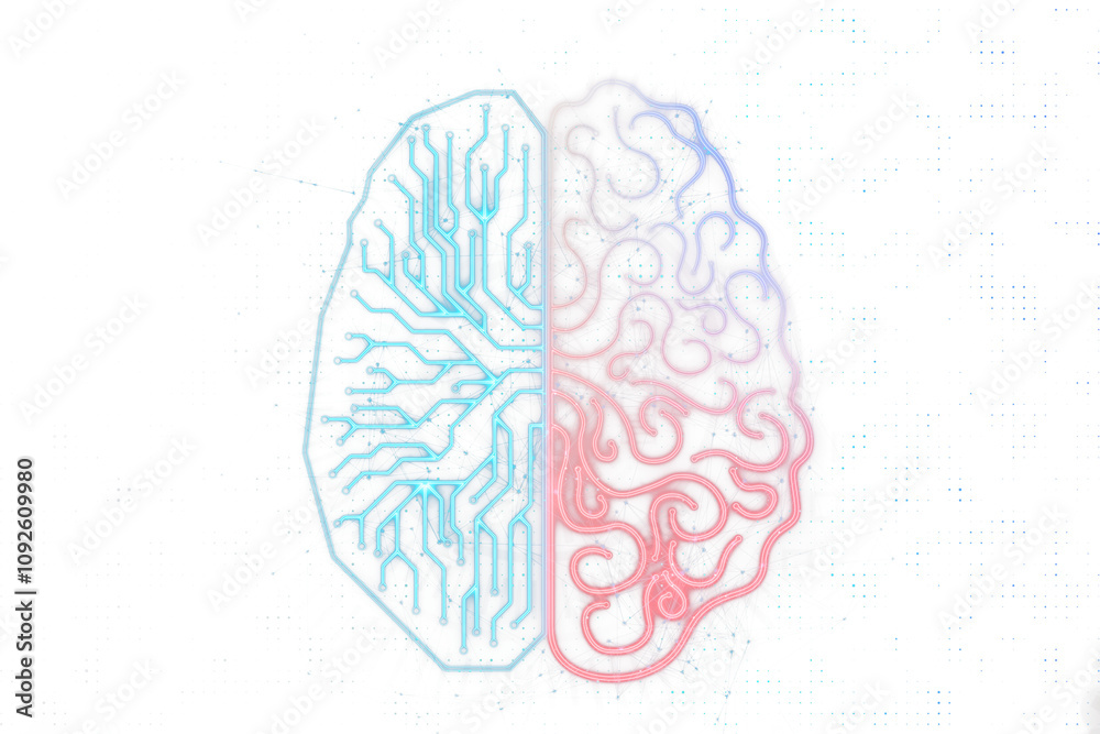 Poster abstract half-digital, half-organic brain illustration with neural circuit design. isolated on a cle