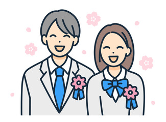 入学式を迎えた男女。胸にコサージュを付けた高校生のベクターイラスト素材。