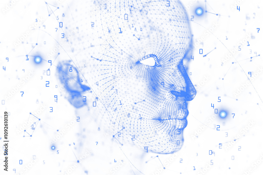 Poster Abstract digital face mesh with numeric data, nodes, and connections on a white background. Futuristic concept of technology and data networks