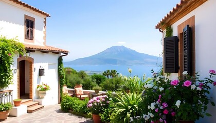 Fototapeta premium A picturesque Sicilian villa wallpaper featuring whitewashed walls, a blooming garden, and views of Mount Etna, embodying the rustic charm of Taormina on the island of Sicily.