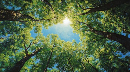 Looking up through lush green trees towards a bright sunlit sky, showcasing the beauty of nature in a peaceful forest setting.