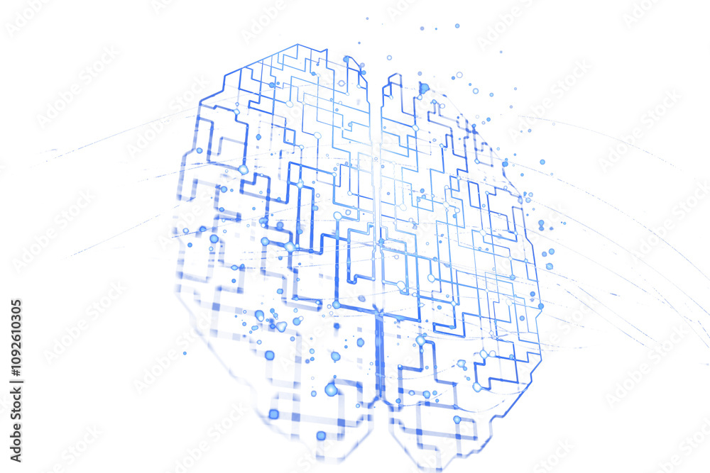 Poster abstract digital brain illustration, blue circuits with scattered dots, isolated on a white backgrou
