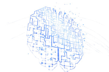 Fototapeta premium Abstract digital brain illustration, blue circuits with scattered dots, isolated on a white background. Concept of technology and artificial intelligence