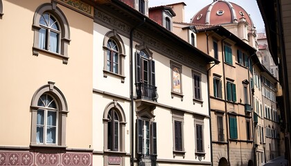 Fototapeta premium An elegant Florentine townhouse wallpaper showcasing arched windows, terracotta tiles, and intricate frescoes, set against the backdrop of the historic streets of Florence.