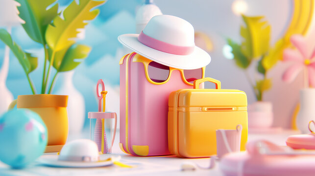 Packing essentials for a trip, senior adults enjoy organizing their luggage in a vibrant, tropical environment