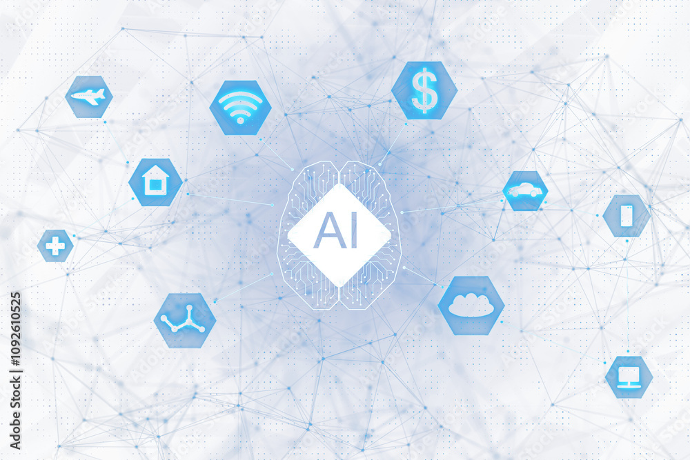 Poster abstract ai brain icon surrounded by hexagonal network icons and connections. minimalist white backg