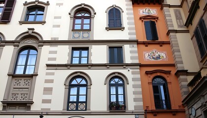 Obraz premium An elegant Florentine townhouse wallpaper showcasing arched windows, terracotta tiles, and intricate frescoes, set against the backdrop of the historic streets of Florence.