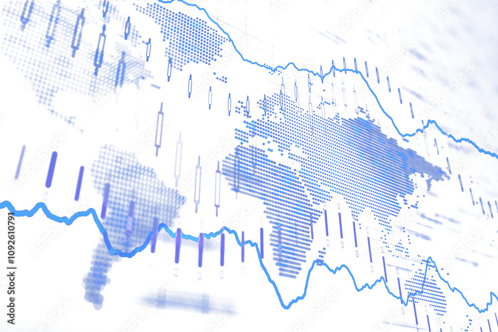 Poster financial chart with candlestick graphs overlaying a dotted world map in blue tones on a white backg