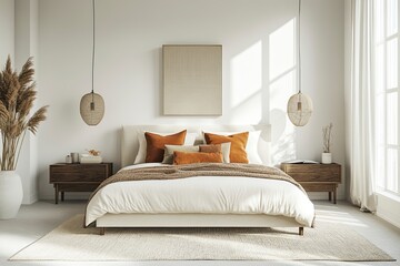 Front view of a modern bedroom with white walls, a large bed centered in the room, beige and orange pillows on it, two nightstands on either side, ,generative ai