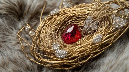 Elegant Red Gem Nestled in Golden Threads