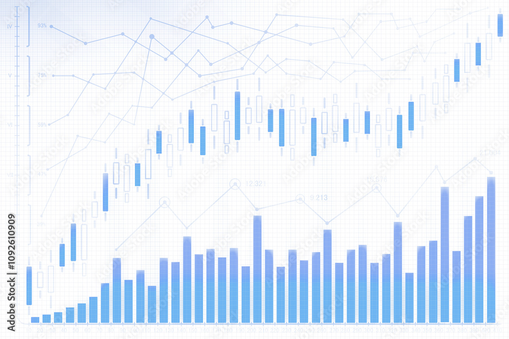 Poster Financial charts showing candlestick patterns, bar graphs, and line trends on a light grid background, illustrating stock market data analysis