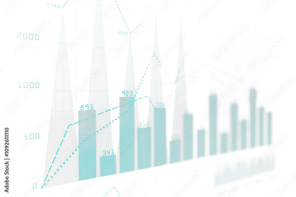 Poster business financial bar and line charts with numerical data points in teal tones on a white backgroun