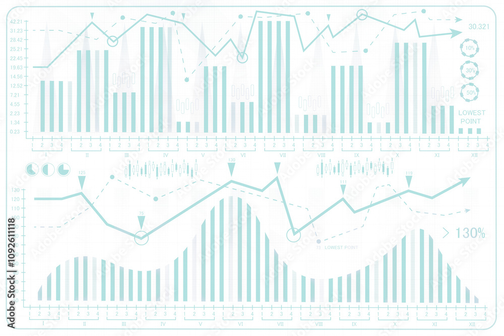 Poster business charts and graphs in cyan tones, showcasing data analysis, lines, bars, and percentages on 