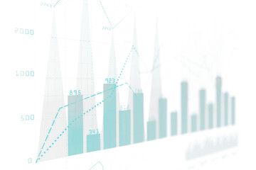 Fototapeta premium Business financial bar and line charts with numerical data points in teal tones on a white background. Concept of analysis and growth