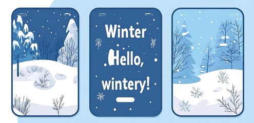 Winter Story Vector Illustration, Simple Flat Style Mobile App Background Cover with "Hello, Wintery!" Vertical Banners, Snow-Covered Trees, Falling Snowflakes, Hand-Drawn Cartoon Style in Blue Palett
