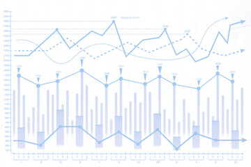 Financial chart showing bars and line graphs in blue on a white background. Illustration represents forex, stock market, and data analysis concepts
