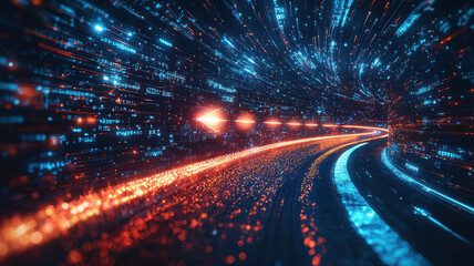 Abstract arrow movement concept featuring luminous lines and digital patterns, creating sense of speed and motion in futuristic environment
