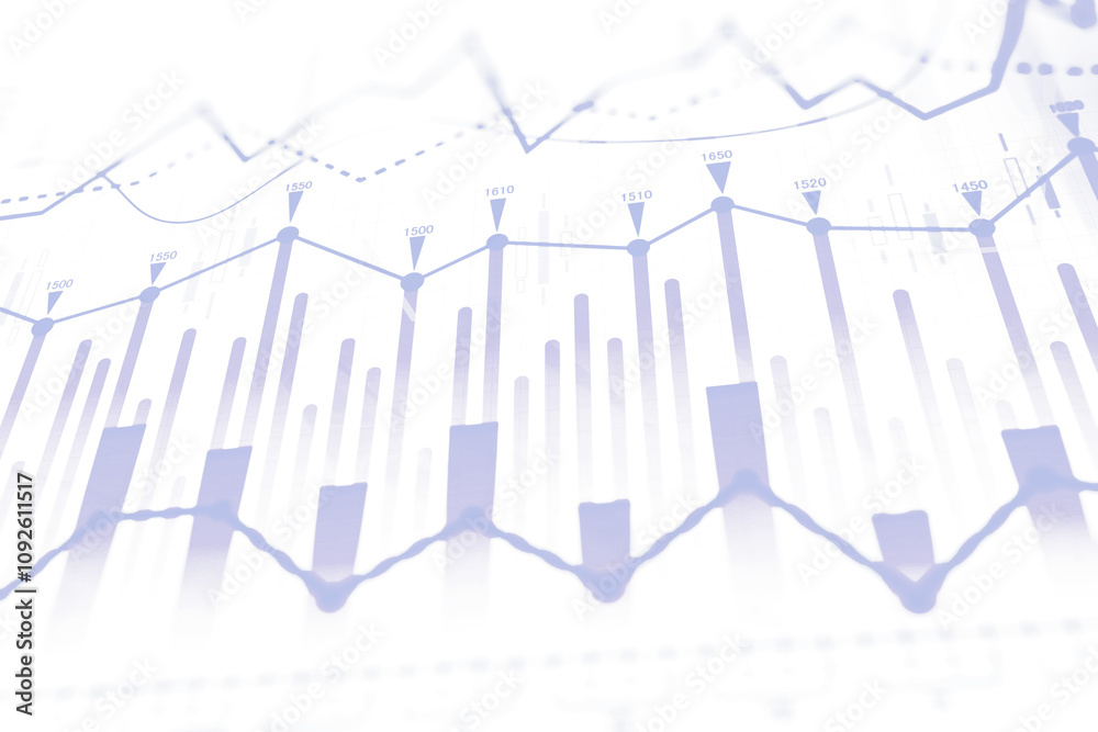 Poster abstract forex chart featuring candlestick and bar graphs in blue hues on a white background. concep