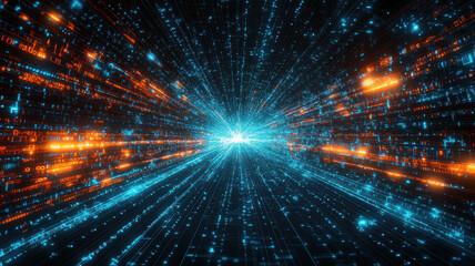 Fototapeta premium Abstract speed arrows with luminous trails create dynamic sense of motion, showcasing vibrant blue and orange colors against dark background, evoking futuristic atmosphere