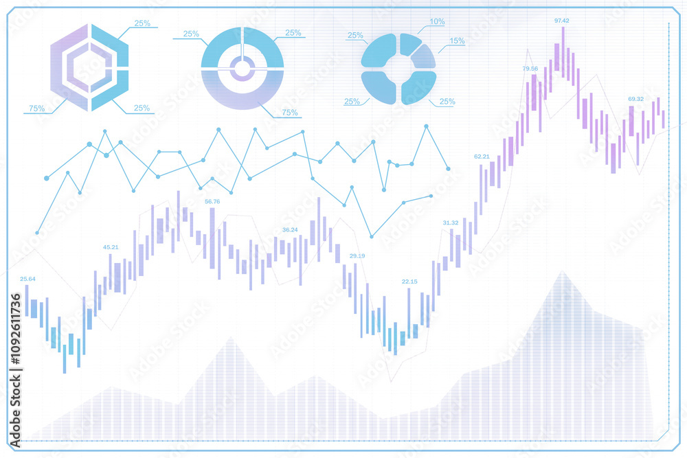Poster Business financial charts, graphs, and data visualizations with line and bar elements. Transparent white background, concept of finance and analytics