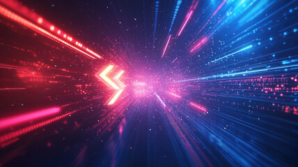 Fototapeta premium Bright glowing arrows in motion create dynamic scene with vibrant red and blue light trails, evoking sense of speed and energy