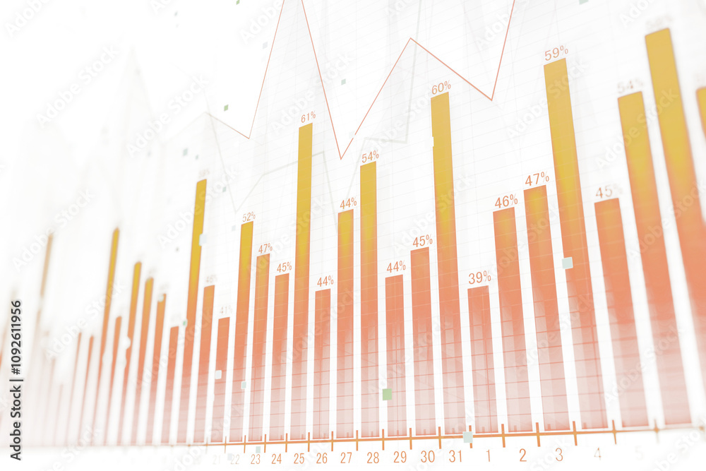 Poster Bar chart with orange and yellow bars and a line graph overlay on a light grid background, showing percentages. Concept of data analysis and statistics