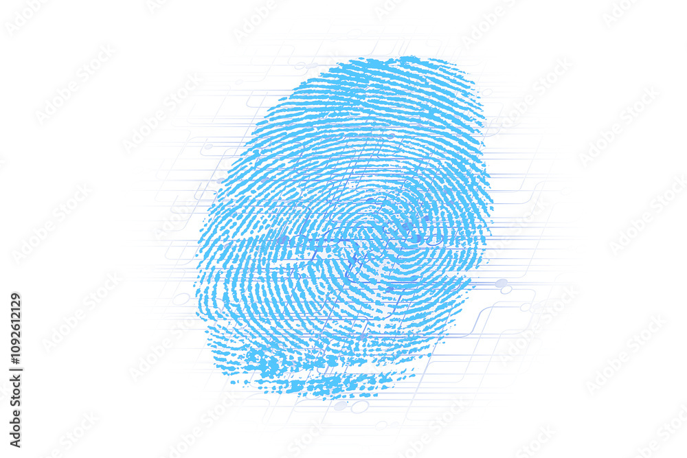Fototapete Closeup of a blue fingerprint in detail, presented on a white backdrop with digital circuit patterns. Concept of security and authentication