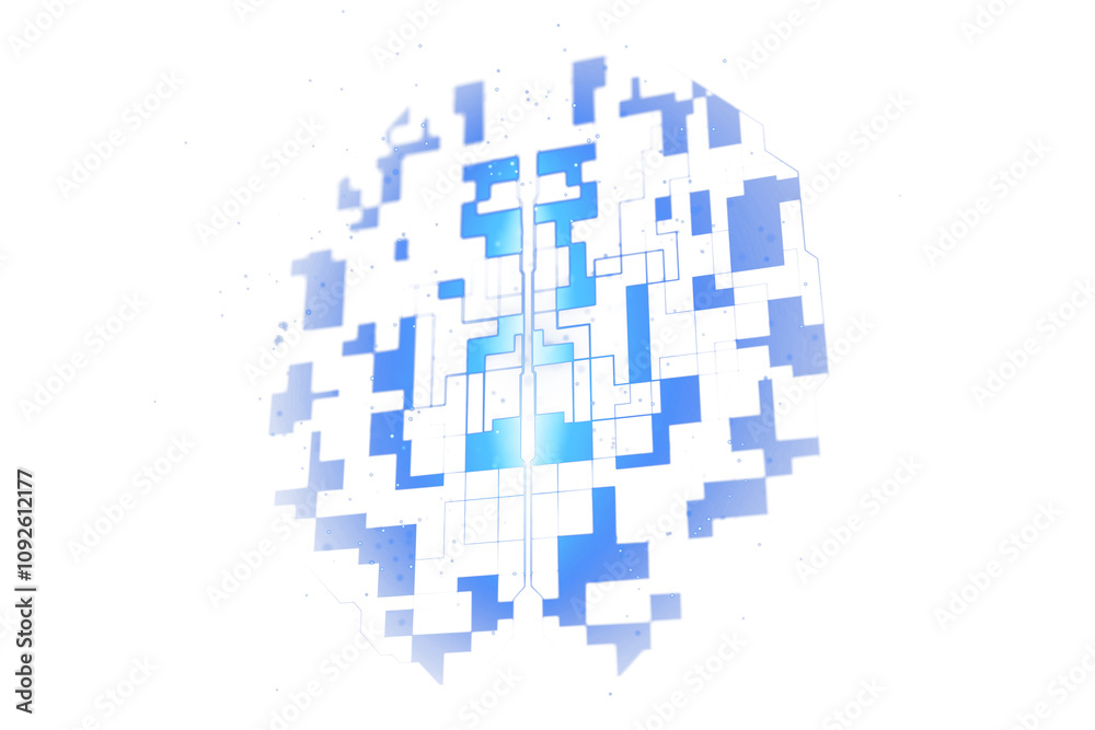Aufkleber Abstract brain with pixelated blue patterns and network lines on white background. Represents technology, connection, and digital concepts