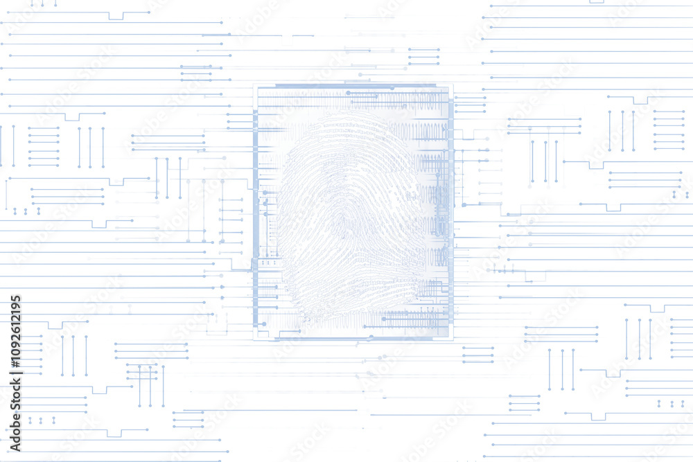 Poster closeup of a digital fingerprint integrated into a light blue circuit design on a white background. 