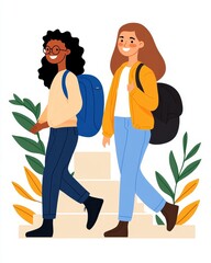 Happy Students Walking Up Stairs Backpacks Friendship Education