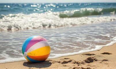 Obraz premium A colorful beach ball resting on sandy shore near ocean waves.