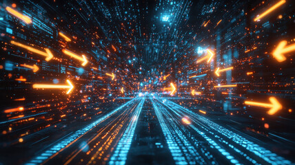 Glowing energy arrows with vibrant speed trails create dynamic digital landscape, showcasing futuristic and high tech environment filled with glowing data streams