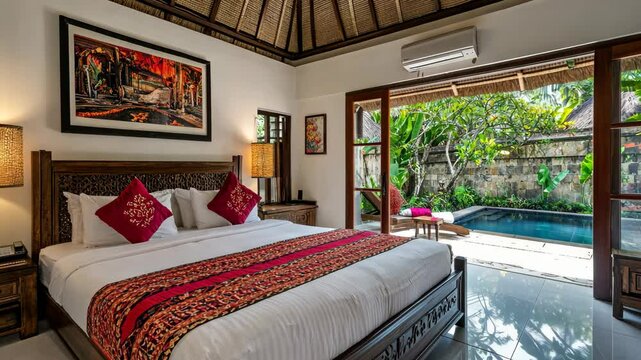 The image showcases a spacious bedroom with a large, comfortable bed featuring a rich red and gold patterned bed runner