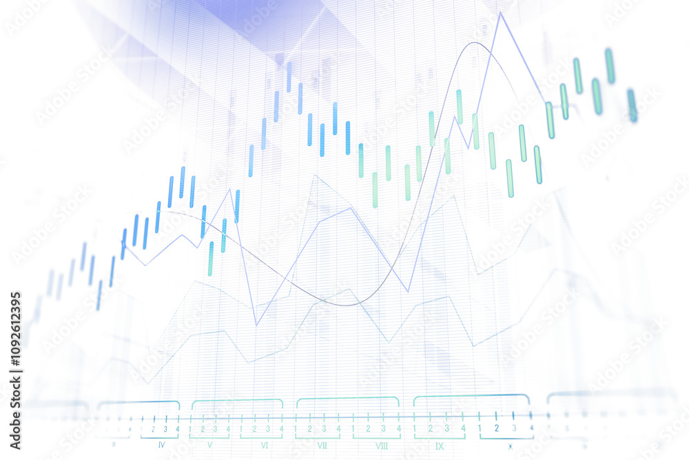Poster transparent financial charts featuring candlestick graphs and line movements on a white background. 